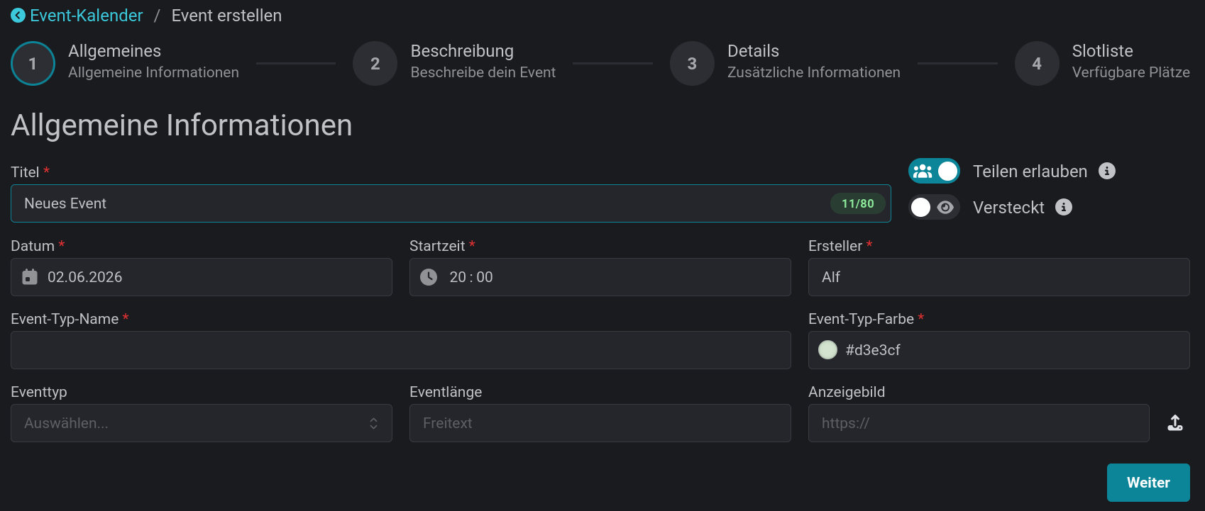 Erste Seite des Event-Wizards