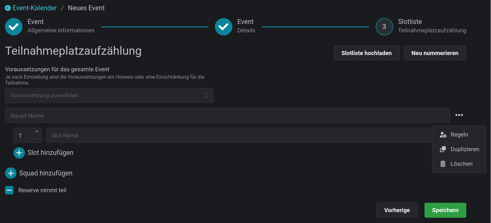 Kontextmenü eines Slots
