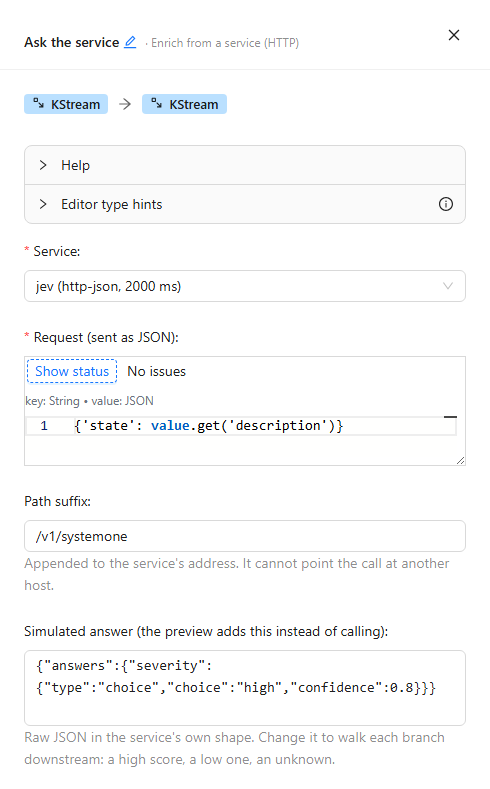 The Enrich from a service drawer with the service jev chosen, a request expression, a path suffix and a simulated answer