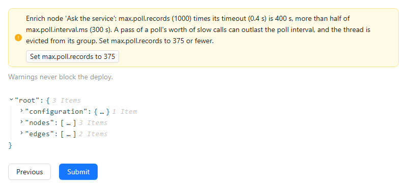 The Submit Stream step showing a warning about max.poll.records with a button that sets it to 375, the note that warnings never block the deploy, and the Submit button
