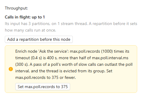 The Throughput section reading calls in flight up to 1, with an Add a repartition button and a warning whose button sets max.poll.records to 375