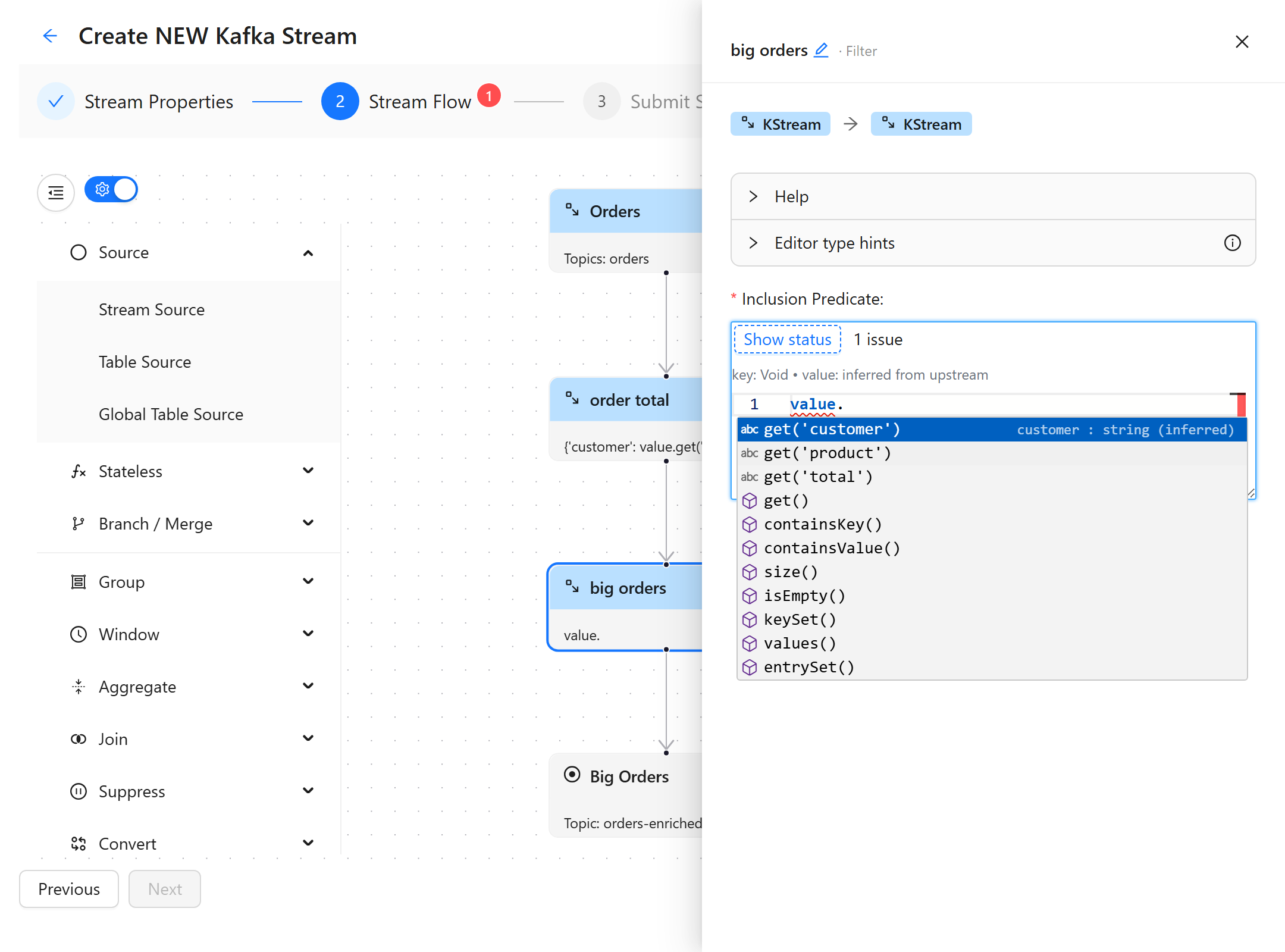 The filter node's drawer with value. typed into the Inclusion Predicate editor; the completion list offers get('customer'), get('product') and get('total'), the highlighted row's hint reads customer : string (inferred), and the banner above the editor reads key: Void, value: inferred from upstream