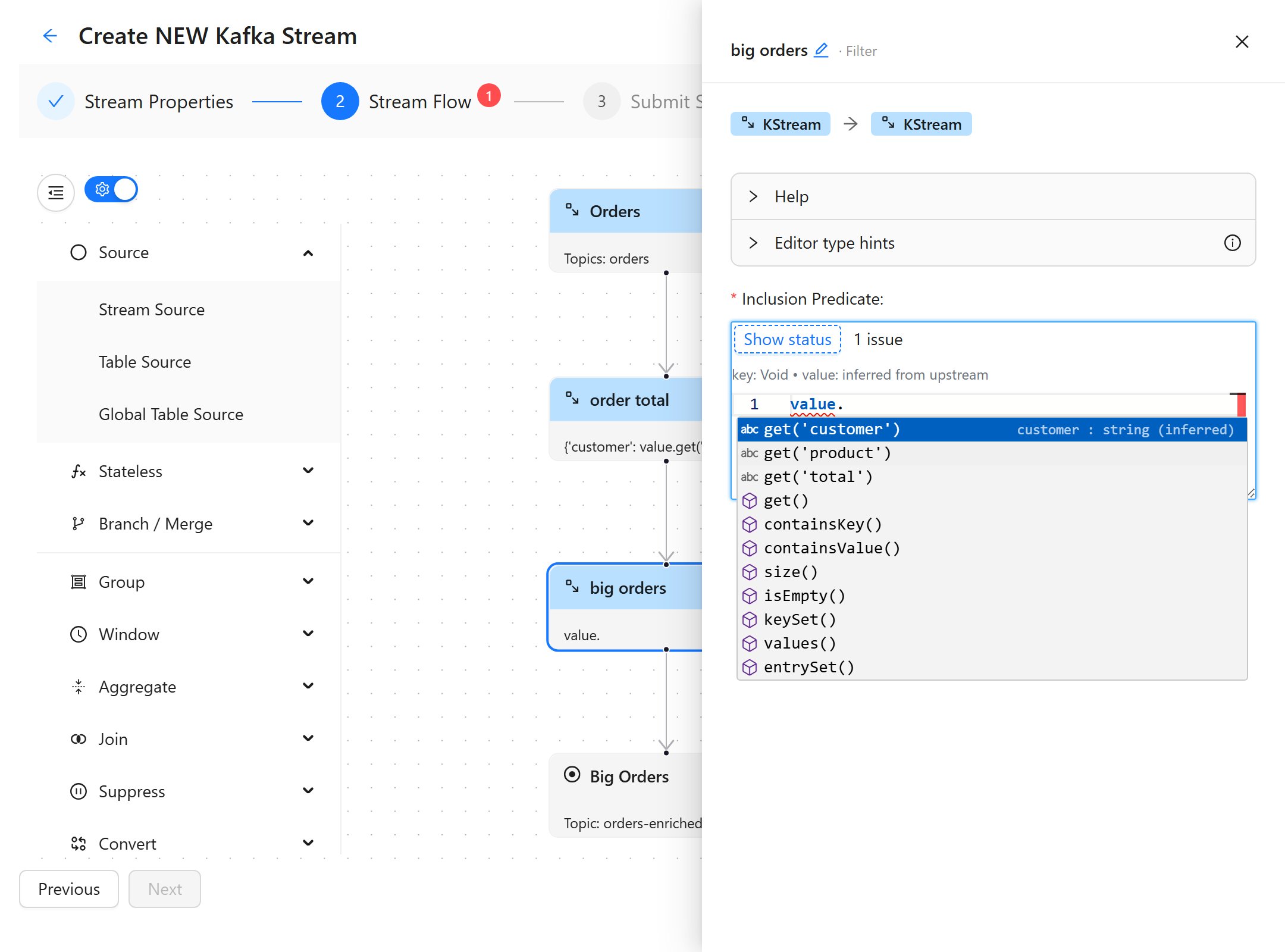 The filter node's drawer with value. typed into the Inclusion Predicate editor; the completion list offers get('customer'), get('product') and get('total'), the highlighted row's hint reads customer : string (inferred), and the banner above the editor reads key: Void, value: inferred from upstream