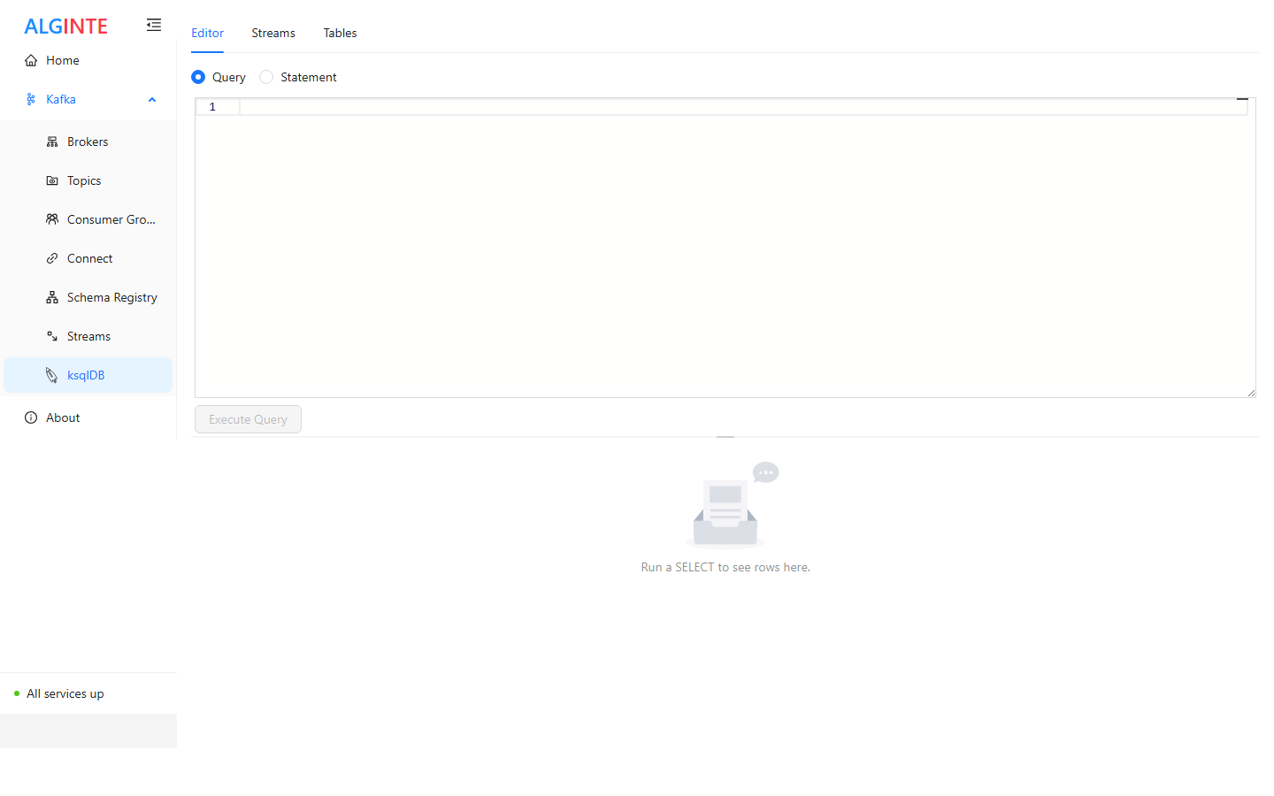 The ksqlDB Editor tab with the Query and Statement mode radio and the result panel