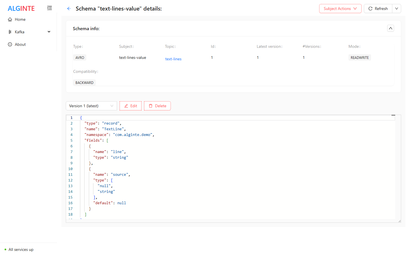 Schema detail page showing an Avro subject with its info card, version selector, and the schema in the editor
