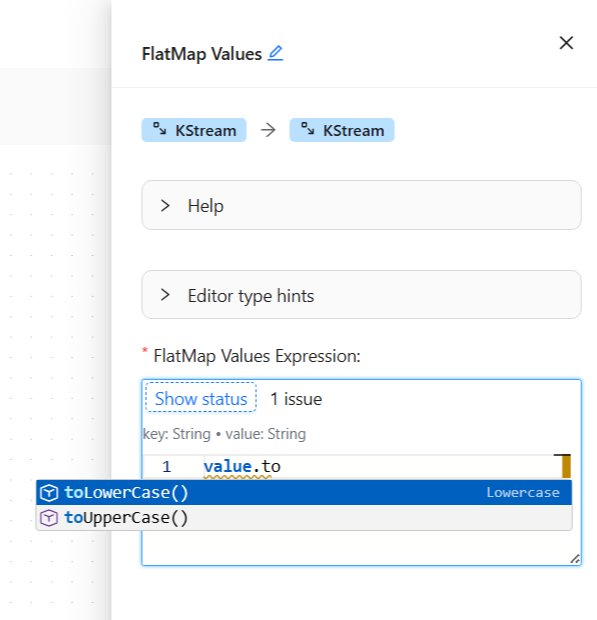 The SpEL editor suggesting toLowerCase and toUpperCase for a String value, with type hints and validation status visible