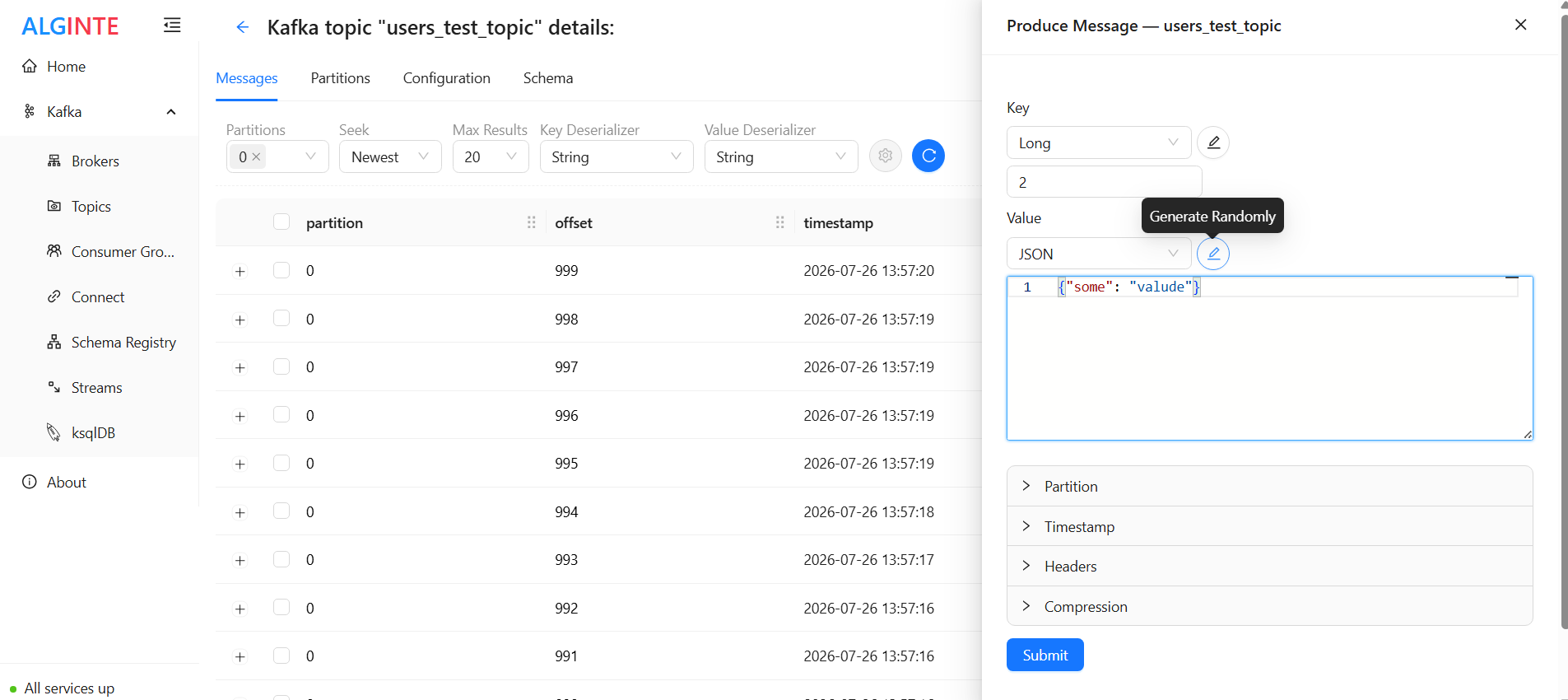 The Produce Message drawer open beside the record table, with key and value serdes, the JSON editor, and Partition/Timestamp/Headers/Compression panels
