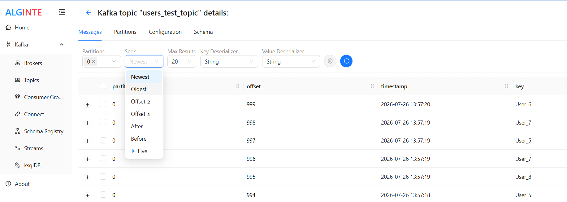 The Seek dropdown open on a topic's Messages tab, showing Newest, Oldest, offset, time, and Live options