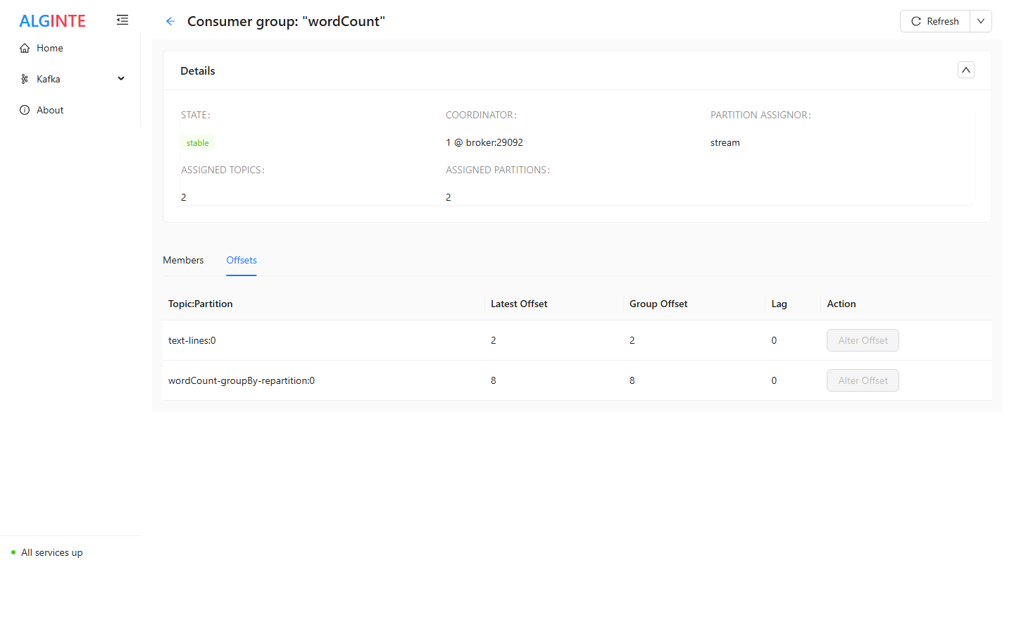 Consumer group detail page with the Offsets tab showing lag per partition