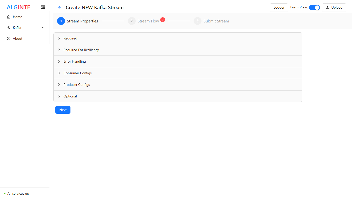 The Create Stream wizard on the Stream Properties step, with grouped config sections and Upload in the header