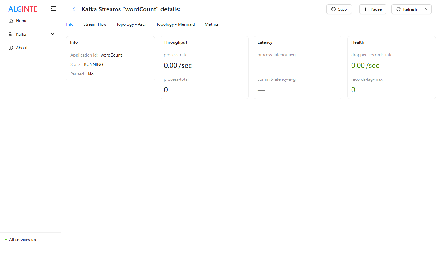 The stream detail page's Info tab with state RUNNING and lifecycle actions