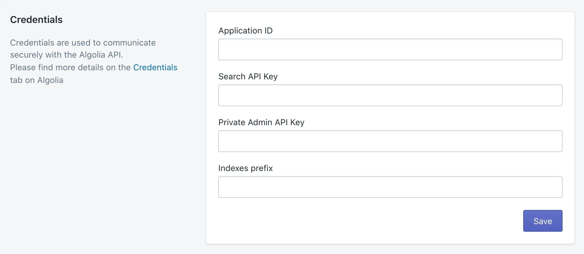 Credentials page in the Algolia AI Search & Discovery app