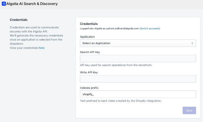 Algolia AI Search & Discovery configuration with a menu to select your Algolia application, API keys, and index prefix