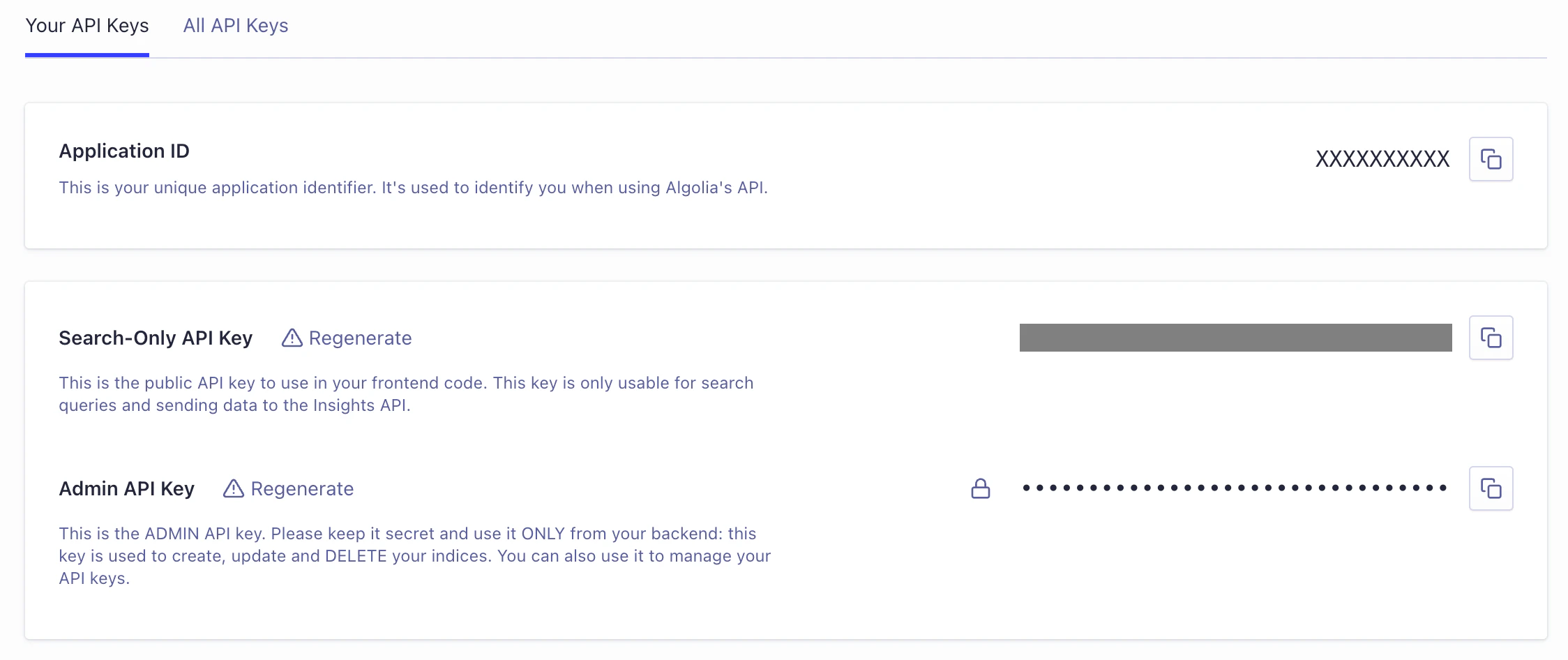 The API Keys page in the Algolia dashboard with fields for your application ID, search API key, and Admin API key. Copy these credentials to the Algolia AI Search & Discovery app