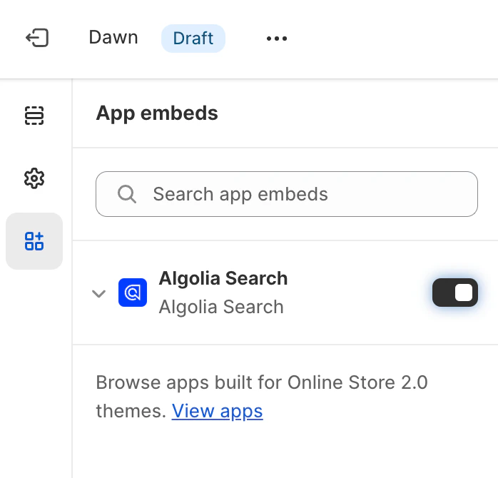 The Algolia Search app toggle in the Shopify theme customizer