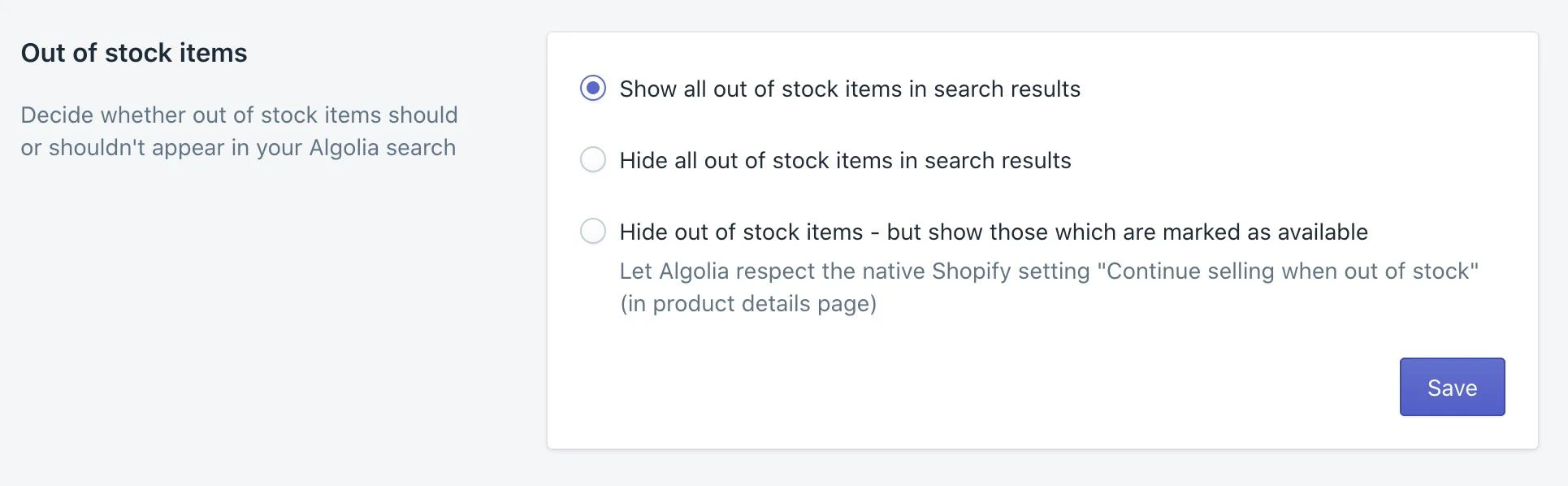 Dialog for handling out-of-stock items in search results in the Algolia AI Search & Discovery app in the Shopify admin