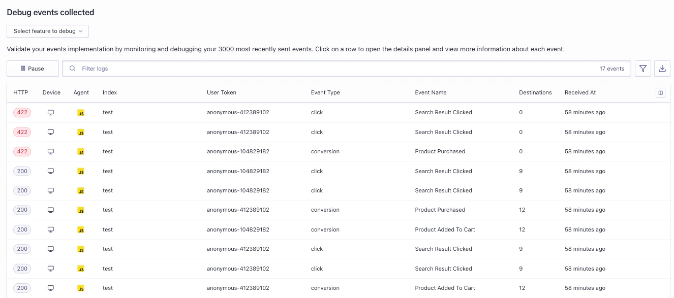 Events debugger in the Algolia dashboard with a table of incoming events.