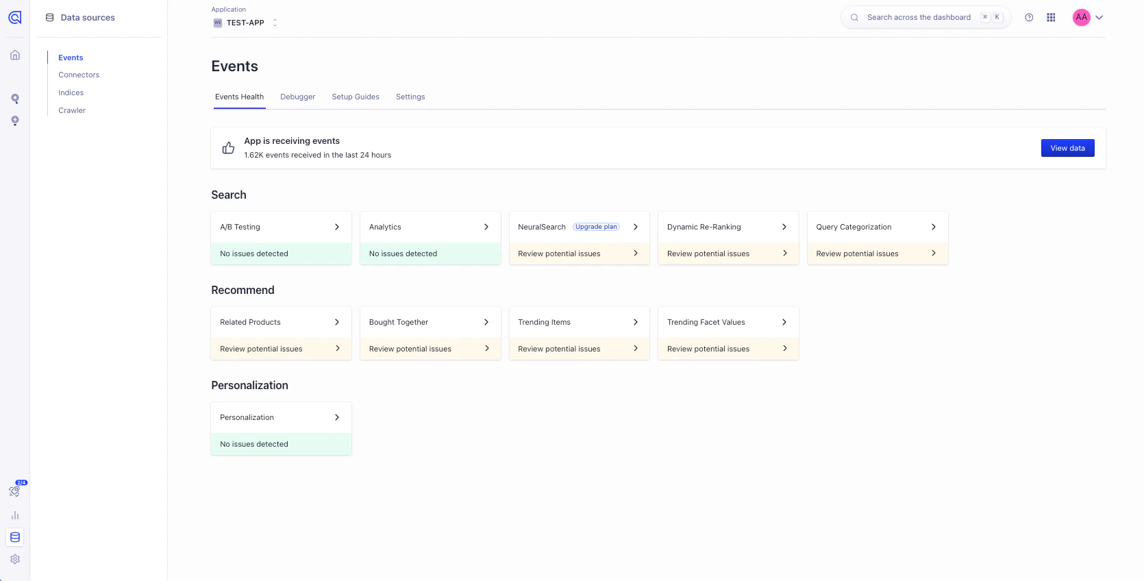 Events health page in the Algolia dashboard.