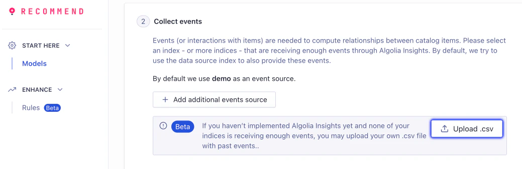 Import a CSV file with historical events for training your Recommend model