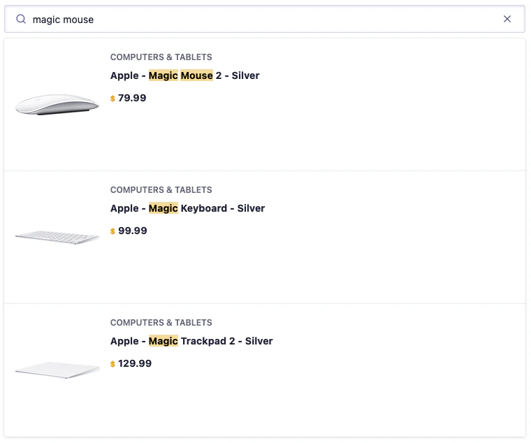 Search box results with query highlighting in the quickstart app