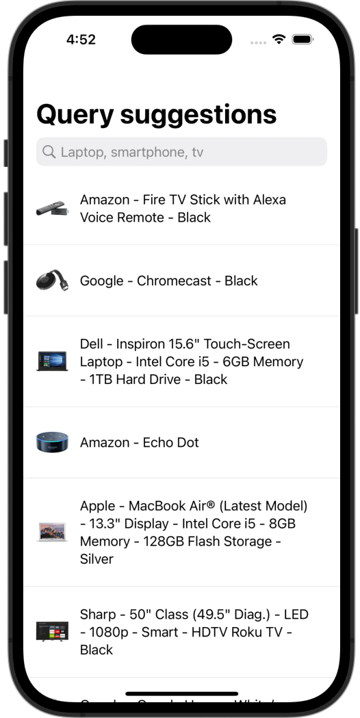 Initial screen for Query Suggestions on iOS showing the results of an empty query