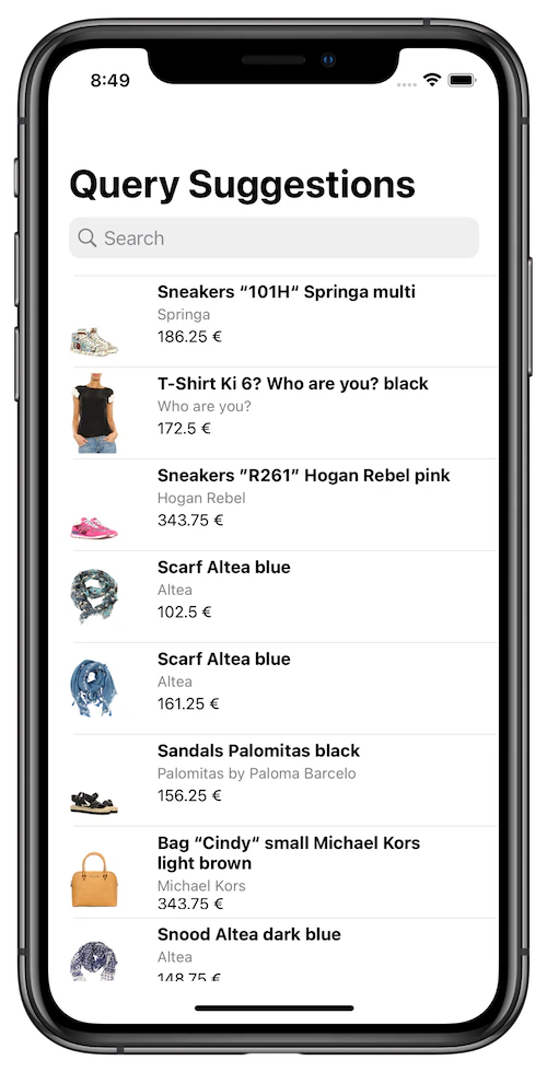 Initial screen for Query Suggestions on iOS showing the results of an empty query