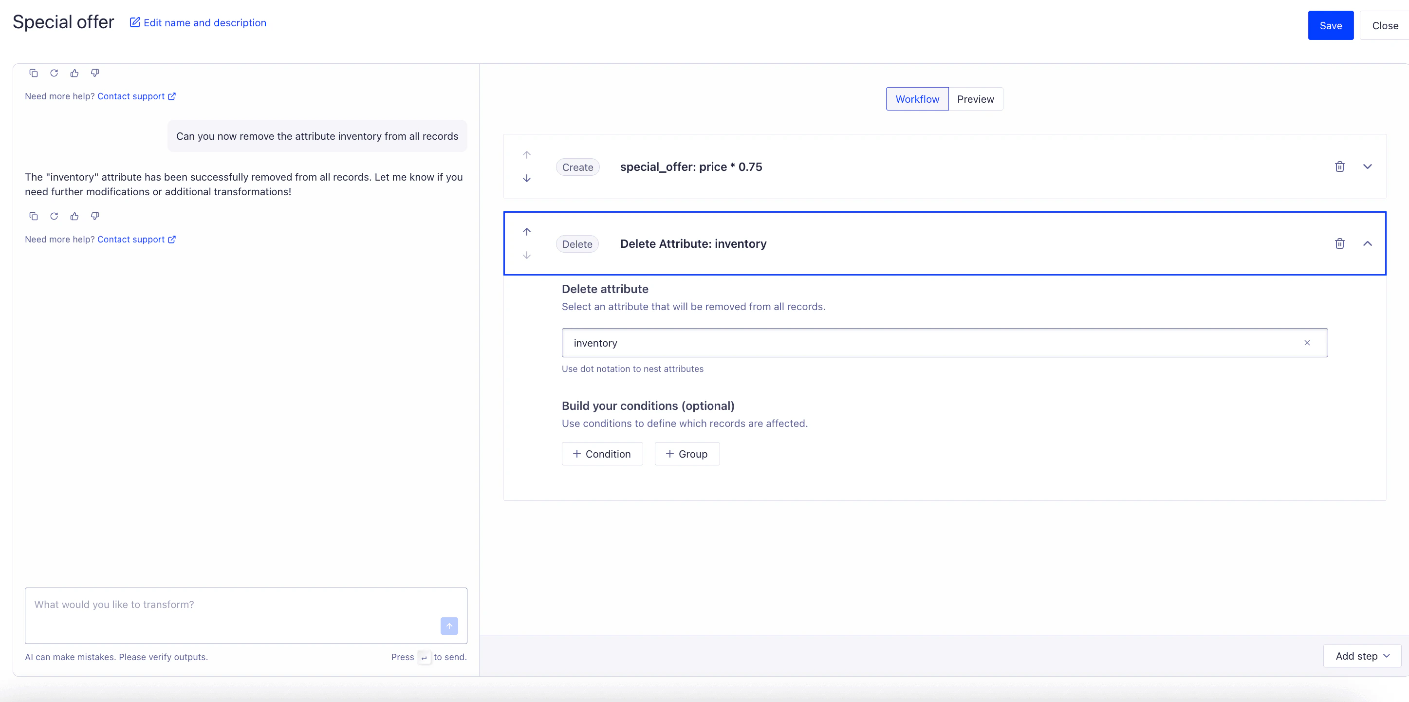 Screenshot of the AI transformation interface