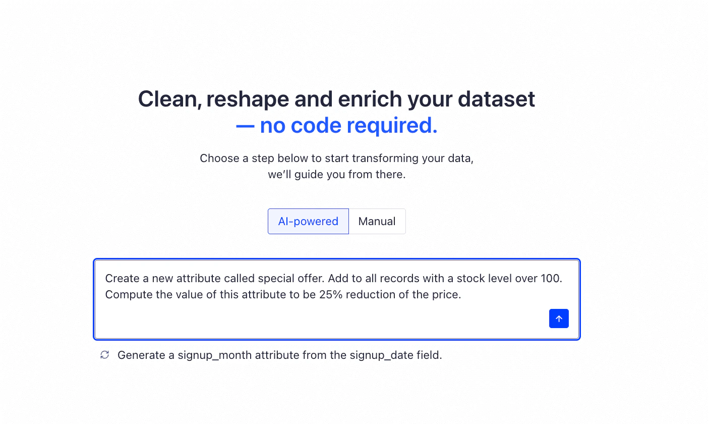 Screenshot of the AI transformation interface with a text box prompting the user to describe their desired change in plain English