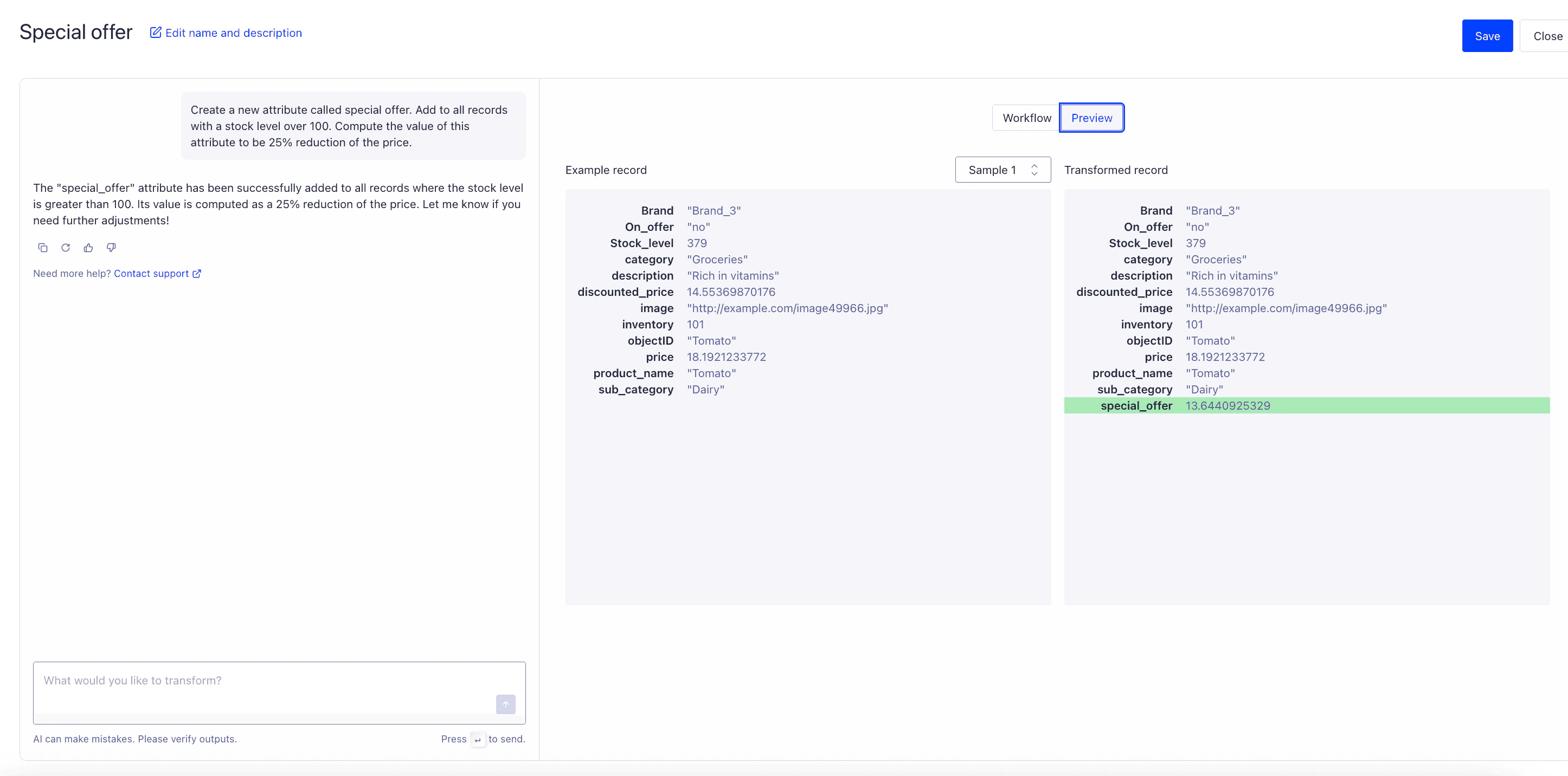 Screenshot showing AI-generated transformation preview with editable field
