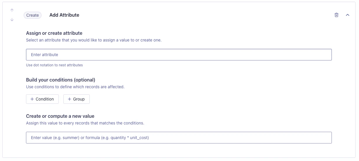 Form with fields for assigning or creating attributes, building conditions to select a subset of records, or for computing attributes