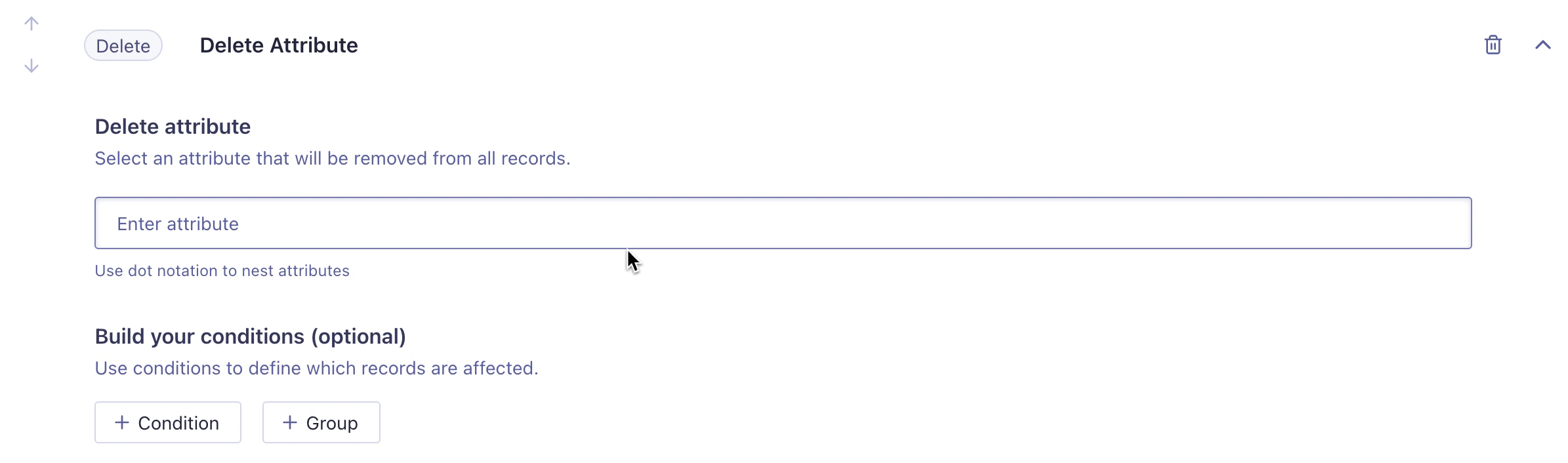Form with fields for selecting an attribute to delete and for building conditions to select a subset of records
