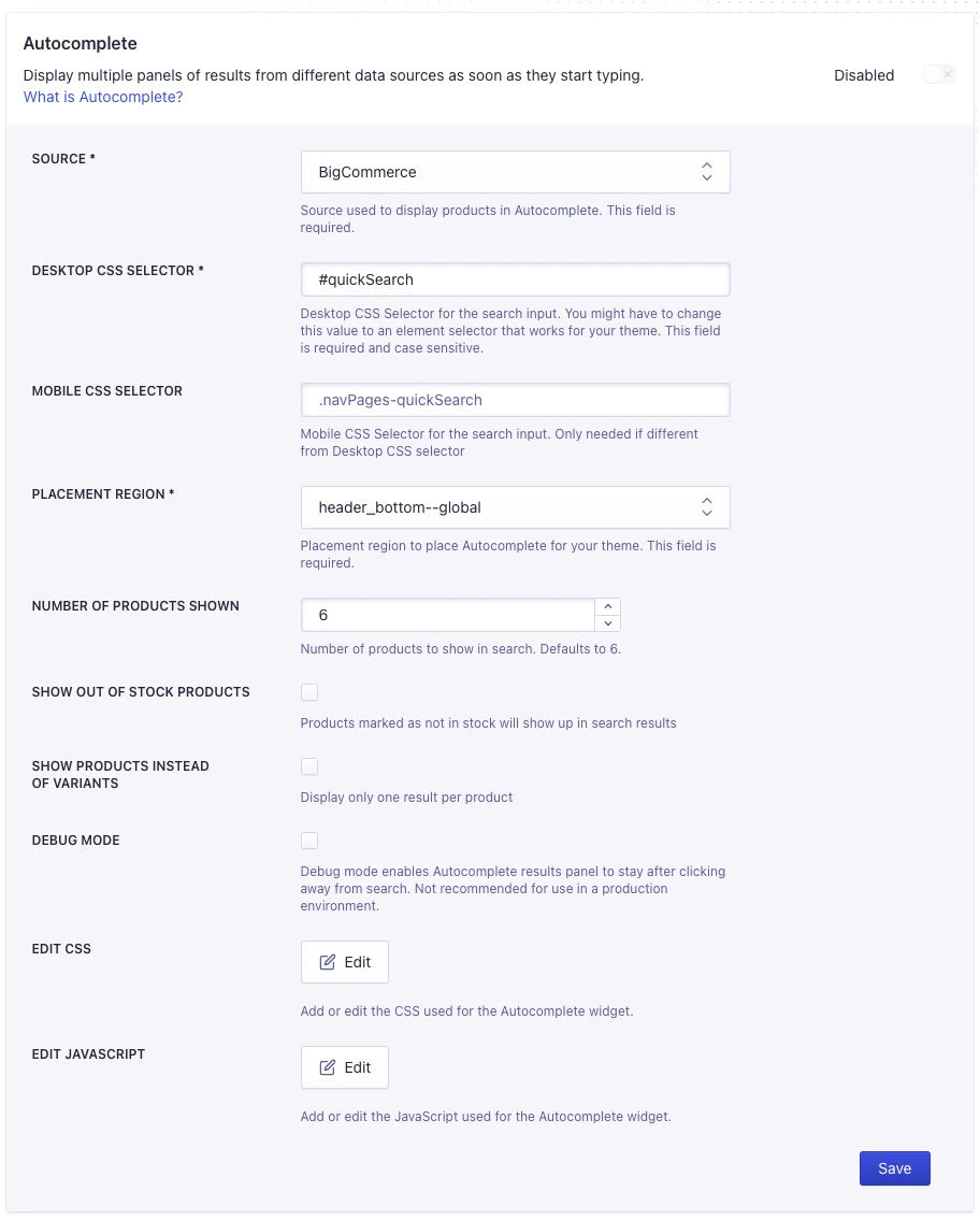 Autocomplete settings in the BigCommerce app