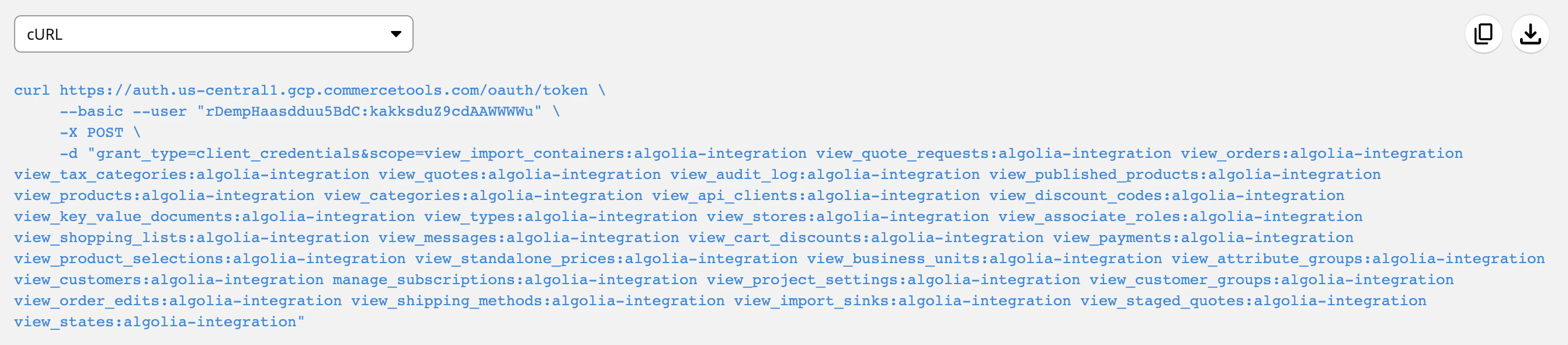commercetools API client curl command