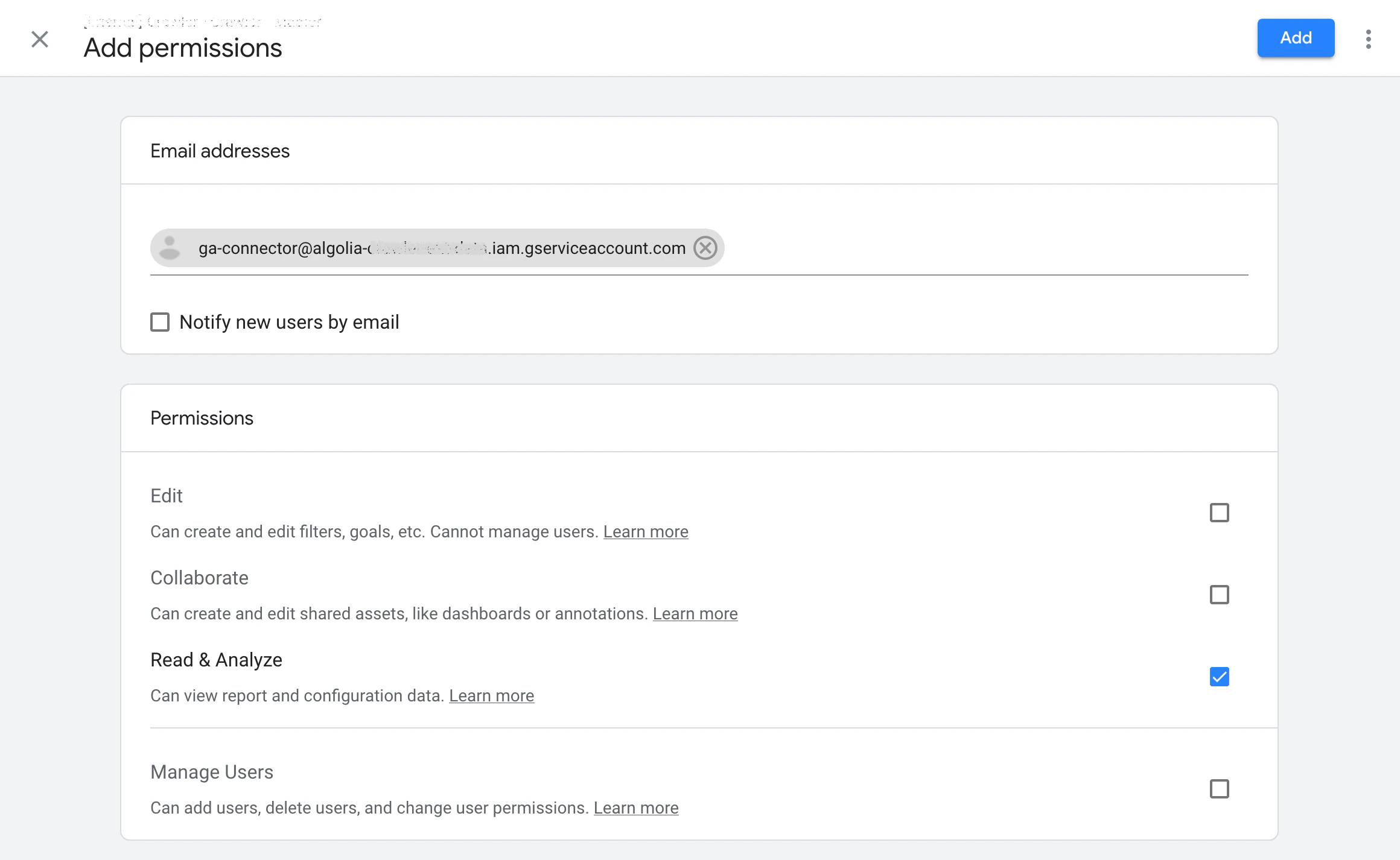 Add Read and Analyze permissions to Google Account