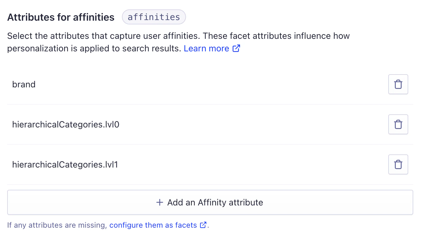 Dashboard interface to select the facets for affinities