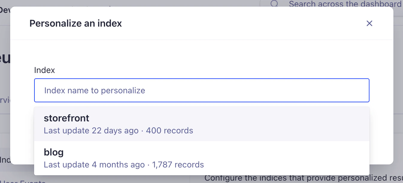 Dashboard interface to select the index to personalize