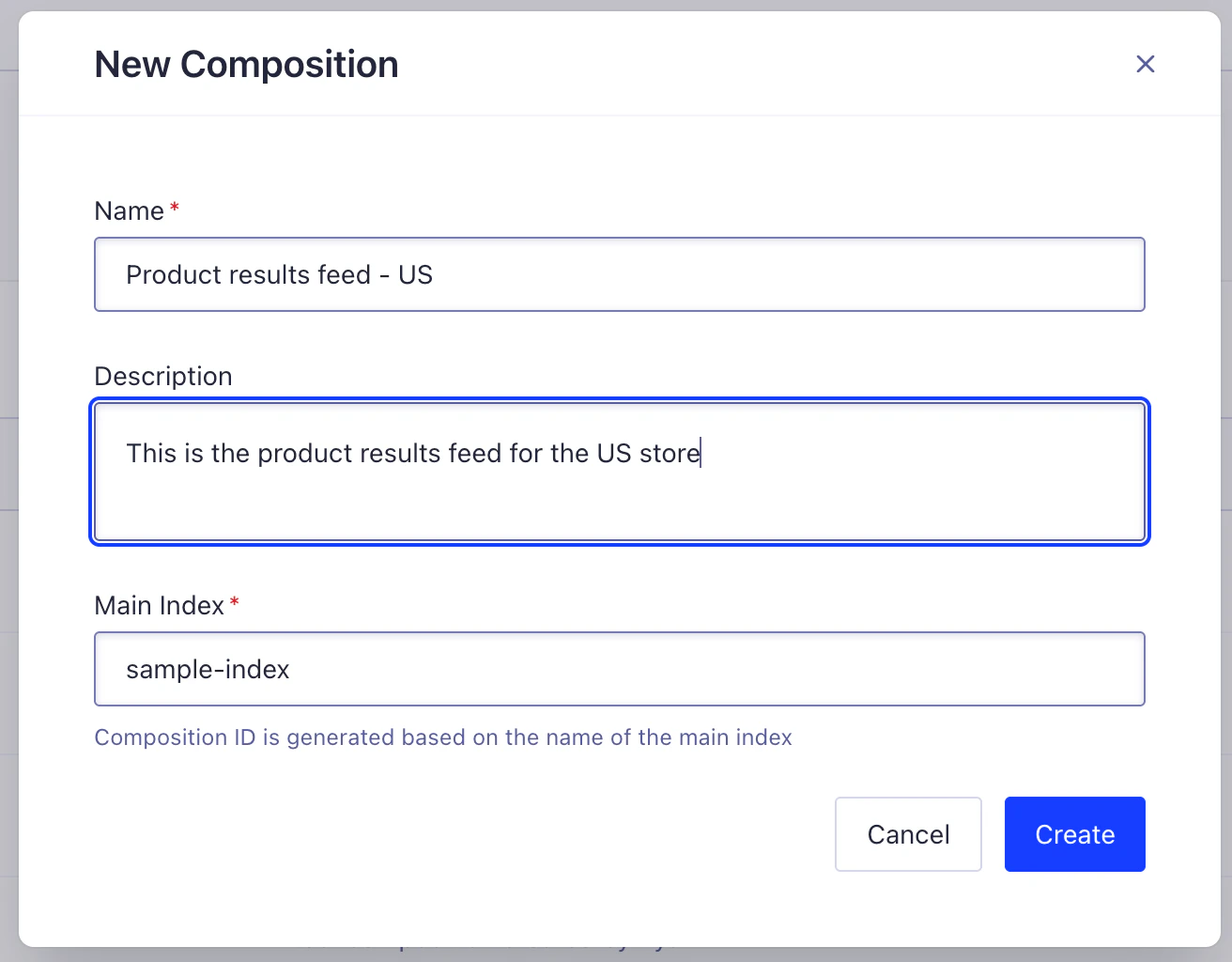 New compositions menu with name, description, and main index fields