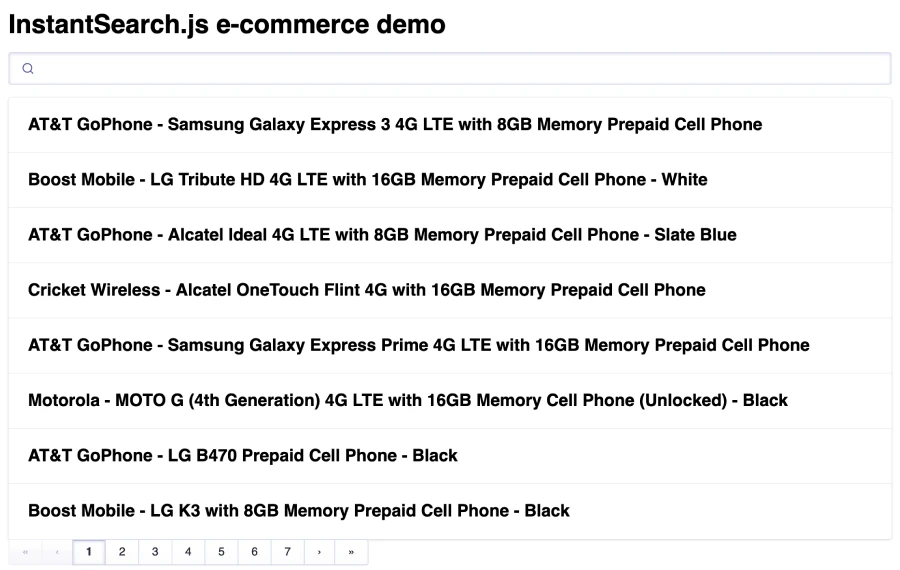 Search box with results and pagination in the quickstart app