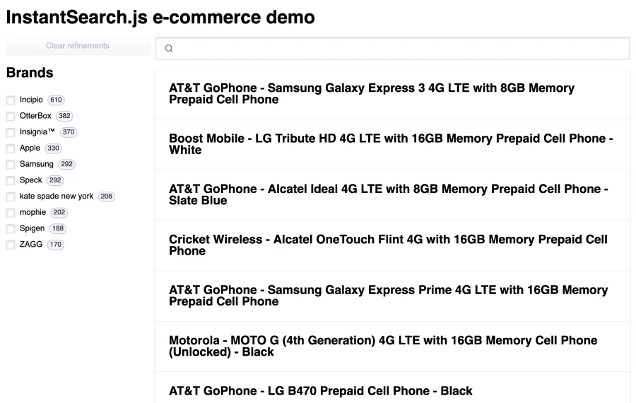 Search UI with a Brands filter in the quickstart app