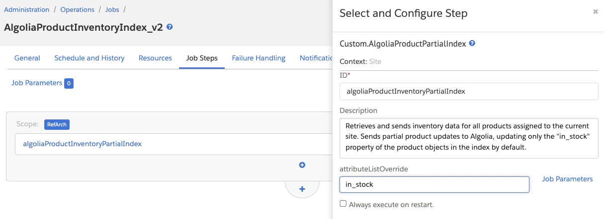 Job step parameters for partial update jobs