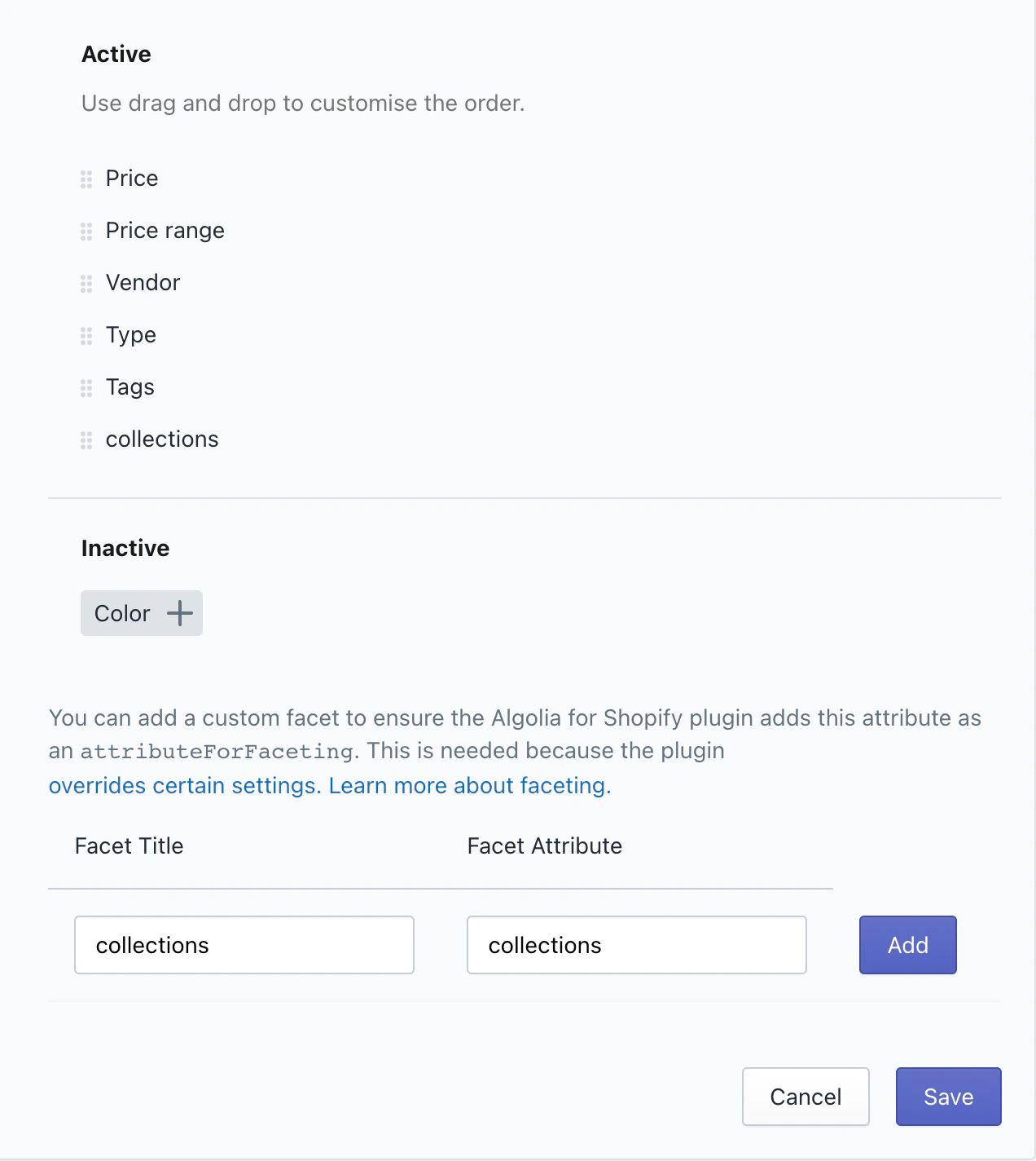 collection add facets settings in the Shopify admin