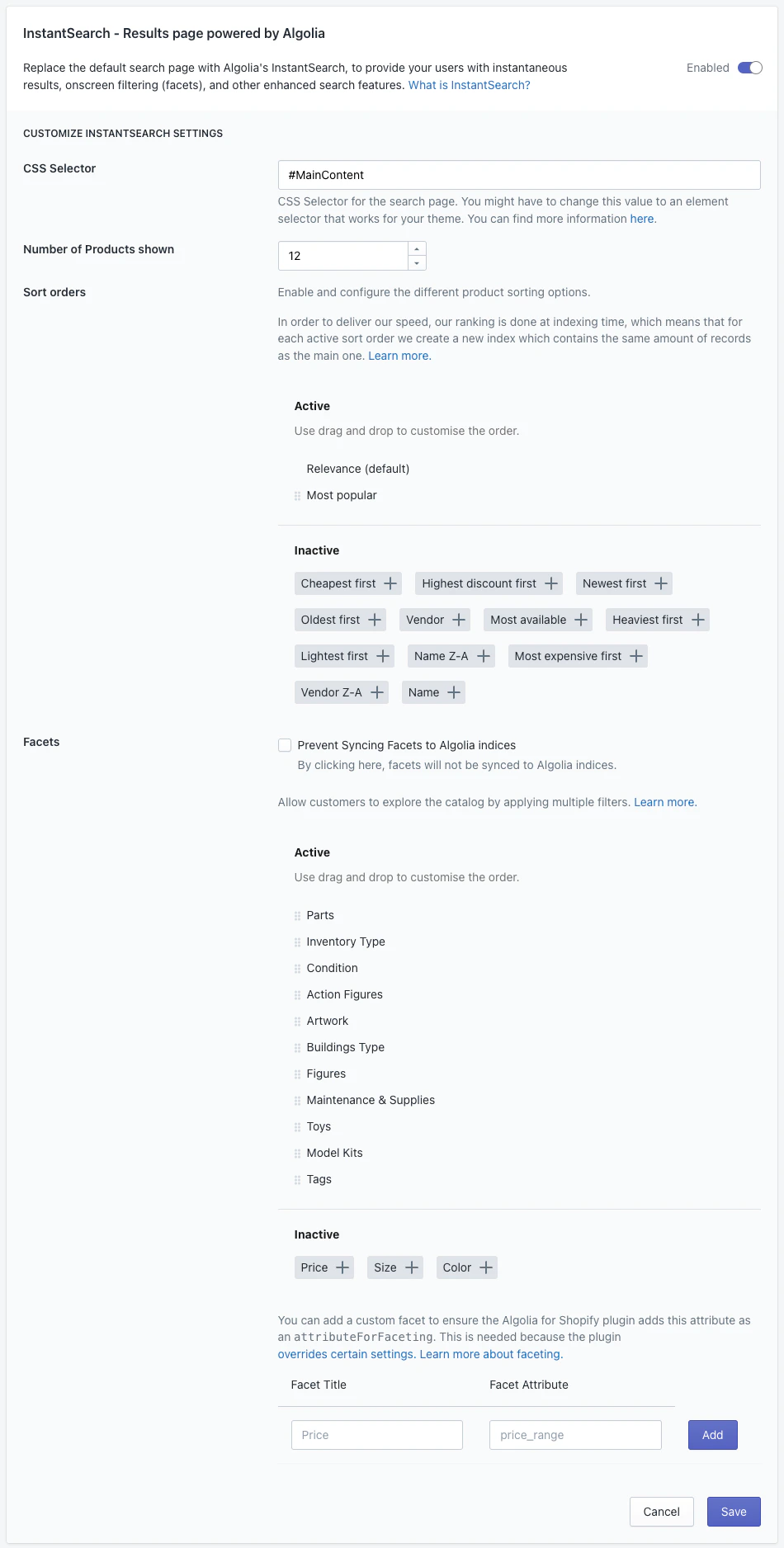 InstantSearch configuration screen in the Shopify admin
