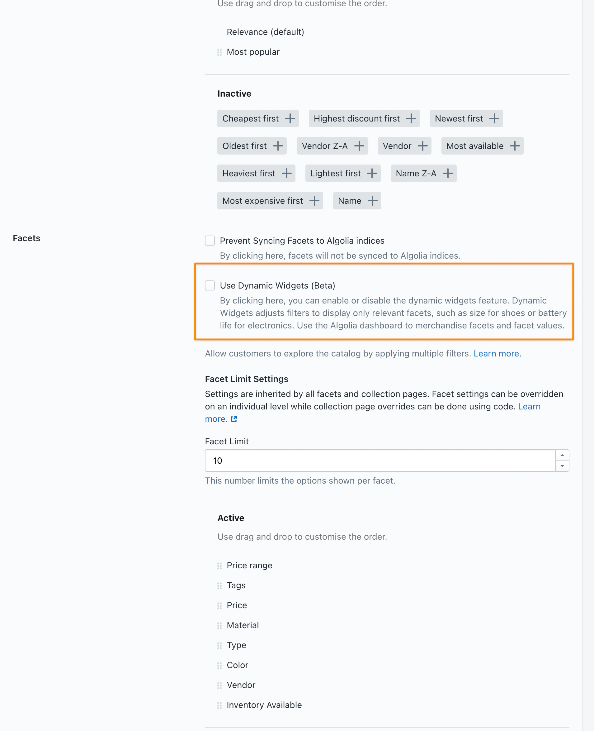 Facet display checkbox in the Shopify admin