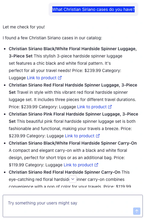 Screenshot of Agent Studio interface showing product suggestions