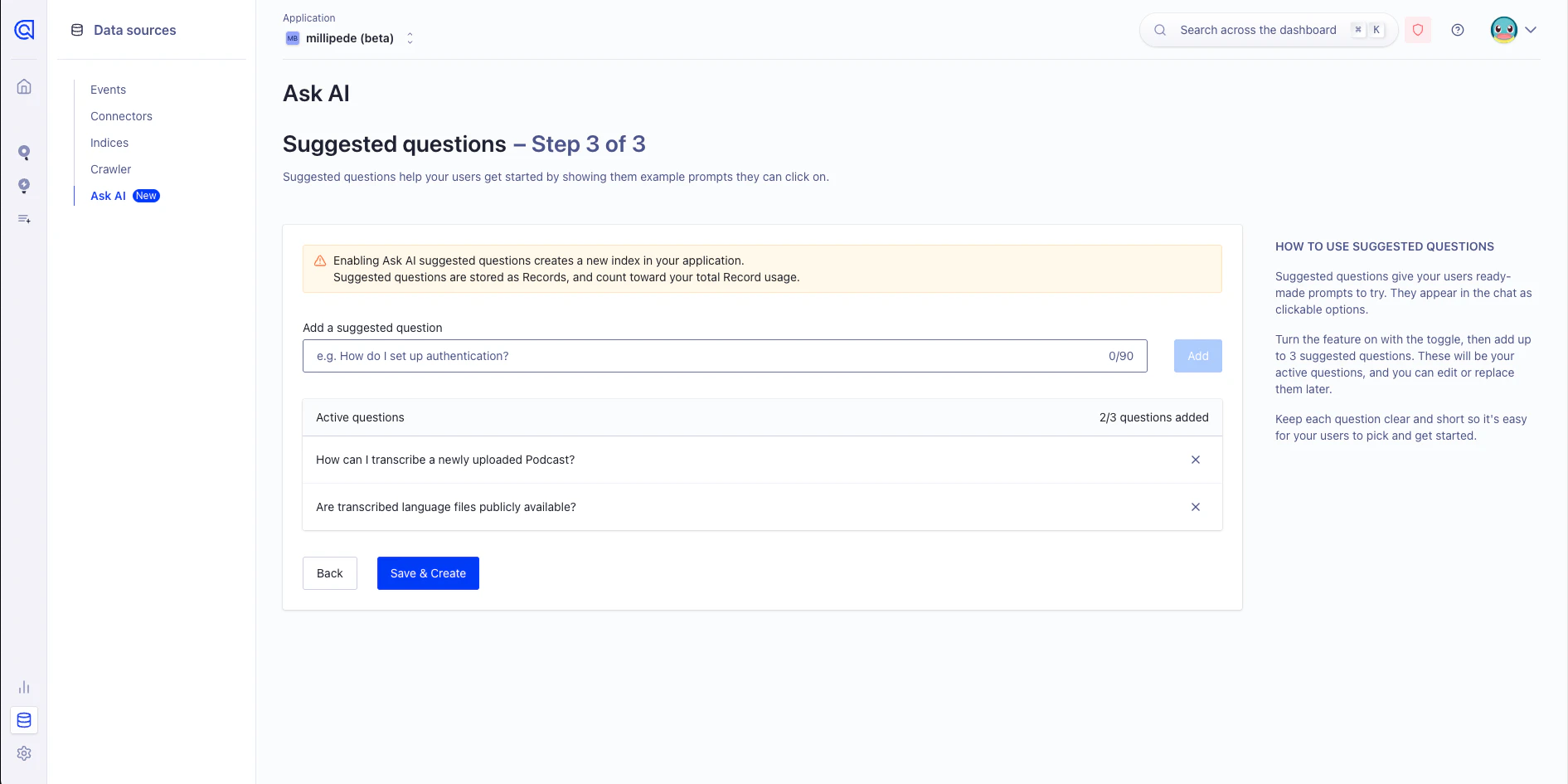 Screenshot of the suggested questions setup during assistant creation