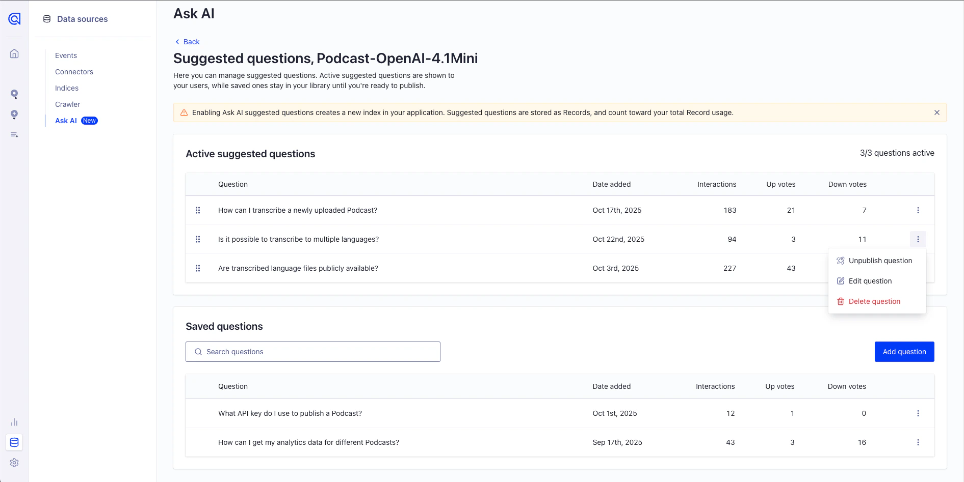 Screenshot of the suggested questions actions