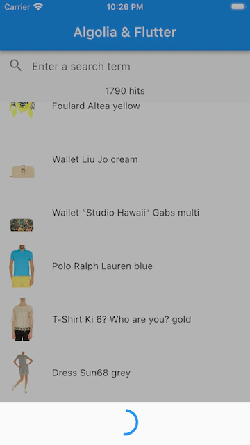 Screenshot of app showingf results and a loading indicator
