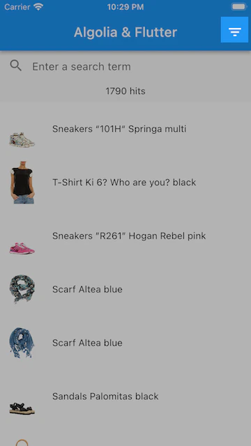 Screenshot of app showing the facets button