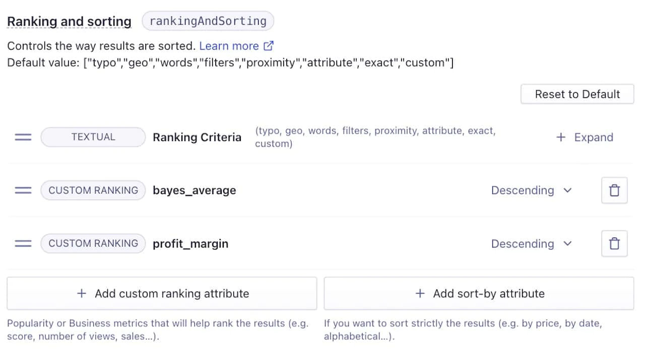 Two custom ranking attributes: bayes_average and profit_margin
