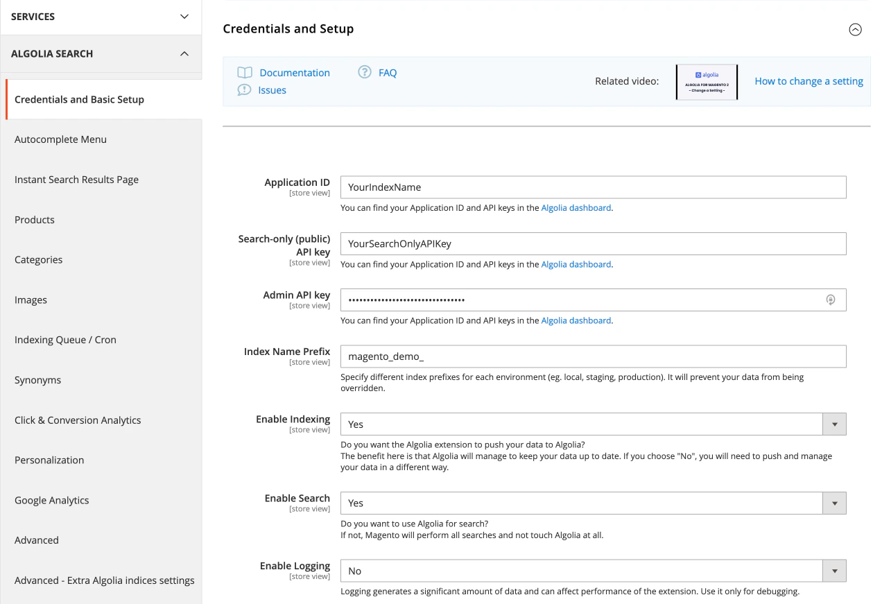 Add your Algolia application ID, Admin API key, Search API key and a prefix for index names into the setup form.
